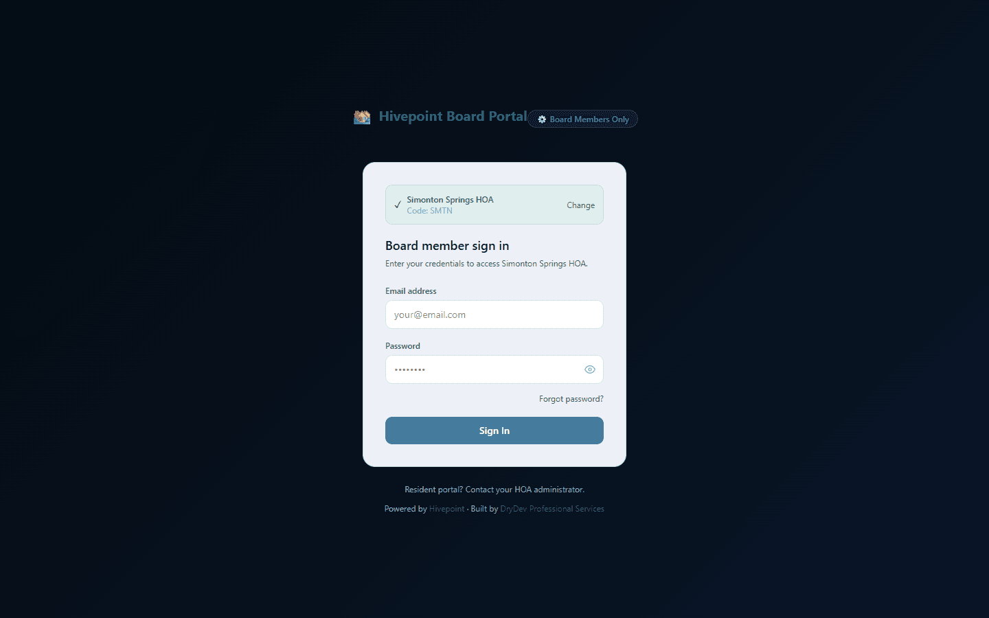 Hivepoint Board Portal — secure site-code-gated access for board members