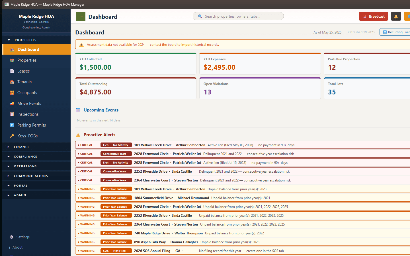 Hivepoint HOA Manager desktop dashboard — proactive alerts, financials, and violations at a glance